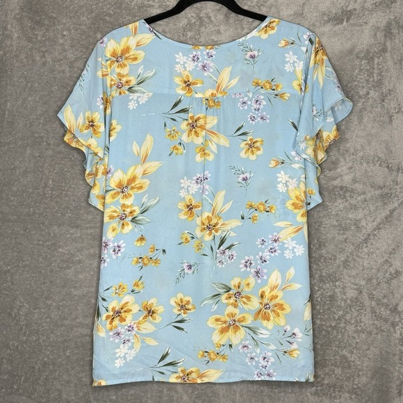 Counterparts XL Top Shirt Blue Floral Flower Cap Short Sleeve Keyhole Scoop Neck - Picture 5 of 8